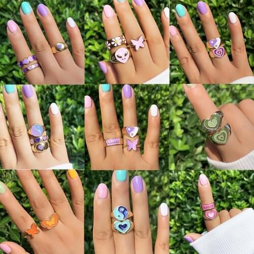 Colorful Butterfly Y2K Rings Set For Women Girls Candy Color Hand-painted Double Layer Vintage Heart Couple Rings Jewelry