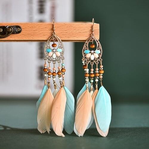 Ethnic Bohemian Flower Metal Earrings For Women Summer Vintage Boho Colorful Long Feather Tassel Earrings Wood Beads Earrings