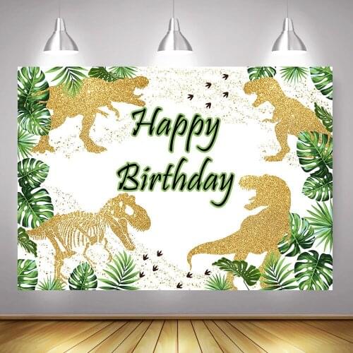 Golden Dinosaur Happy Birthday Party Backdrop Children Green Jungle Forest Tyrannosaurus Rex Background Baby Birthday Photobooth