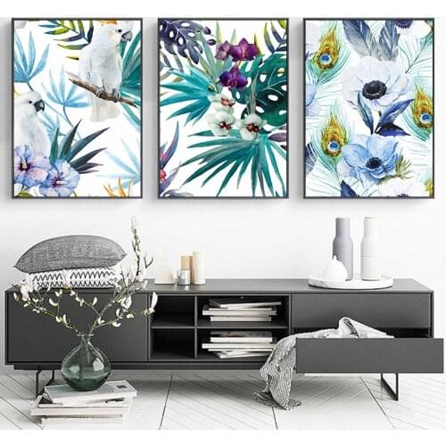 Watercolor Parrot Llant Leaves and Flowers Canvas Painting Nordic Wall Art Picture Poster Print Picture Home Decor