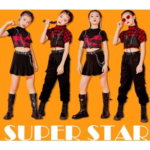Hip Hop Costumes Girls Jazz Dance Red Lattice Series Outfit Cool Hip Hop Pants Modern Dance Clothes Performance Wear DNV15031