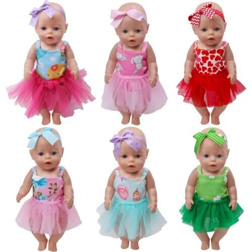 40-43 Cm Baby Boy Dolls Summer Print Lace Dress+Headband Fairy Gauze Skirt Born Baby Toys Accessories Fit 18 Inch Girls Gift f80