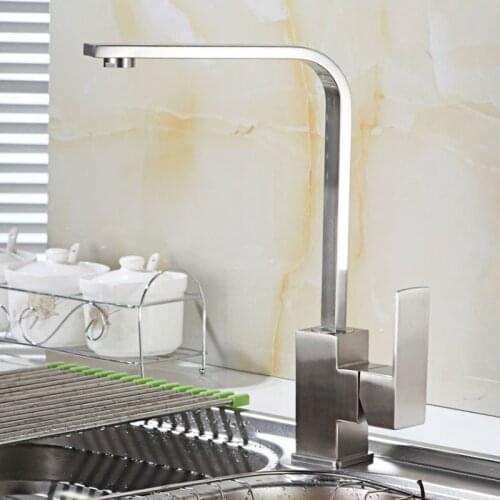 Square Kitchen Faucet Stainless Steel Deck Mounted Cold and Hot Water Sink Mixer Tap Swivel Spout Washing Basin Tap Deck Mounted