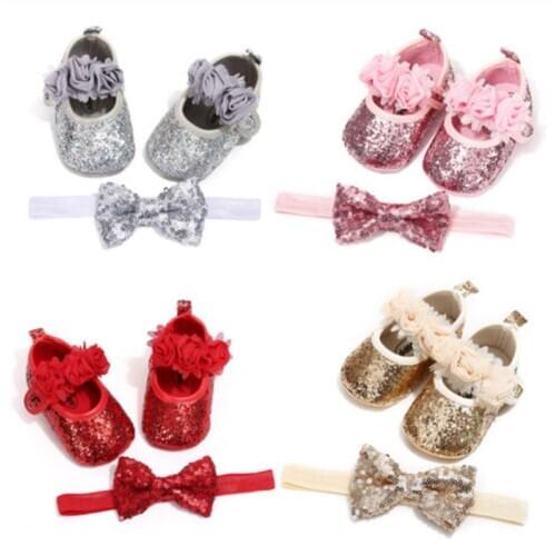 Newborn Baby Girl Shoes Sequins Glitter Crib Shoes Hairband Soft Sole Shoes Kids Party Princess Prewalker 0-18M