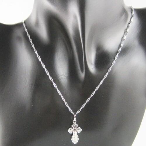 WHITE GOLD COLOR PLATED OVERLAY FILLED BRASS 45CM NECKLACE & JESUS CROSS WITH IMAGE PENDANT HANGS 27MM