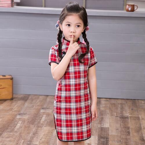 Plaid cheongsam girl Party Summer Dresses Chinese dress qipao Cotton baby girls robe