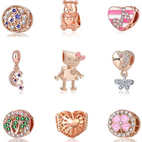 Fit Bracelet Charms Original Rose Gold Crystal Clip Beads Flower Charm For Jewelry Making Valentines Day