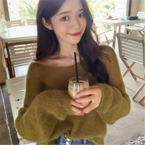 Autumn Winter Pullover Loose Long-sleeve Sweaters 2021 Korean Women Solid Color Mohair Knitted Sweater V Neck Sweet Sweater