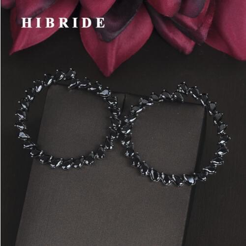HIBRIDE Saprkling Black Cubic Zirconia Big Round Brincos Stud Earrings For Women Fashion Jewelry Black Gun Plated Earring E-668