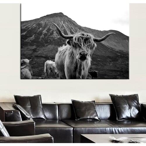 Scottish Highland Cow Yak Black and White Animal Poster Wall Art Canvas Paintings Prints on Canvas for Living Room Home Decor
