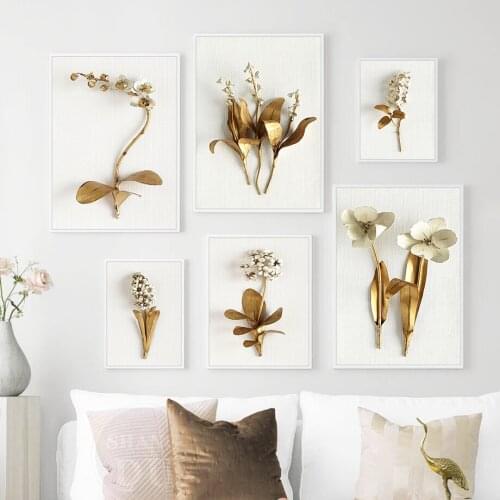 Modern Golden Plant Leaves and Flowers Canvas Painting Nordic Wall Art Posters Pictures for Living Room Home Unique Decor