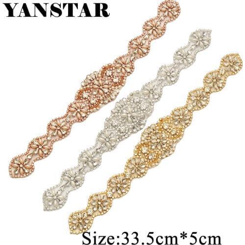 YANSTAR (1pcs) Handmade Rhinestones Appliques With Bead For Bridal Sashes Clear Rose Gold Rhinestones Accessory YS831