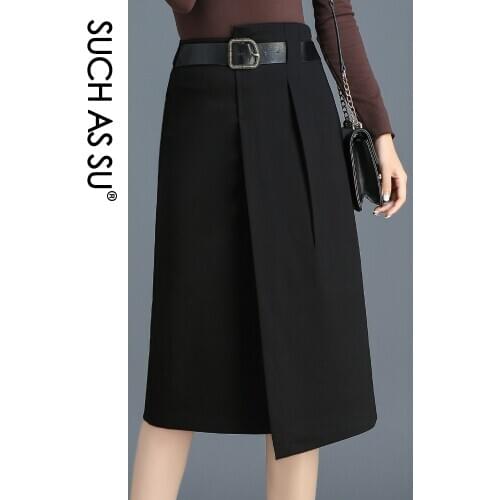 New Knit Irregular Skirt Women Autumn Winter Black S-3XL Plus Size Semi elastic High Waist Patchwork Mid-Long Asymmetry Skirt