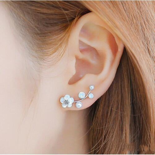 2017 New Fashion Crystal Earrings For Women Pearl Women Branch Shell Pearl Flower Stud Earrings Female Pendientes Mujer Moda