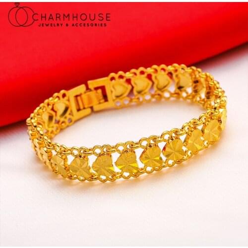 24K Yellow Gold GP Charm Bracelets For Women 12mm Wide Heart Chain Bangle & Bracelet Wristband Pulseira Femme Wedding Jewelry
