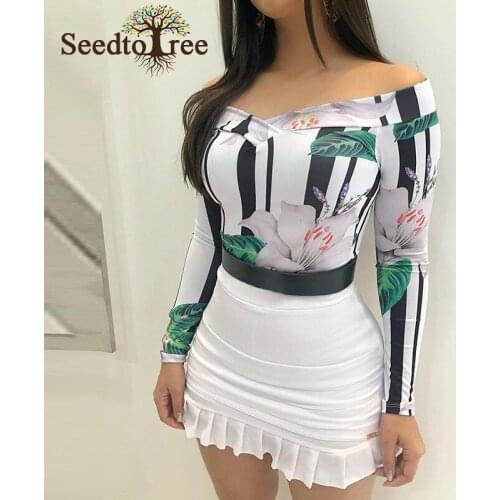 Sexy Off Shoulder Floral Print Top & Ruffles Skirt Set Summer Women Two Piece Set