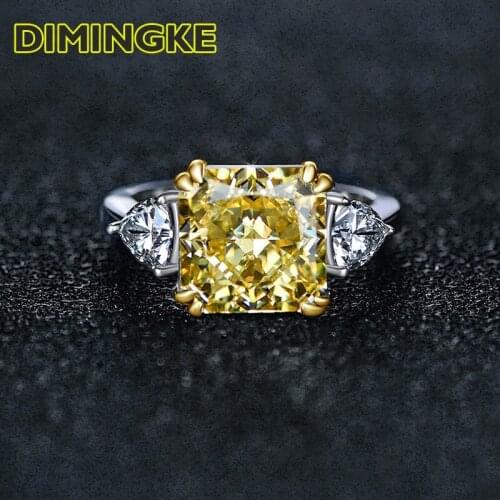 DIMINGKE 10*10MM Super Flash Yellow Pink Diamond Female Ring Solid S925 Silver Fine Finger Jewelry Wedding Engagement Party