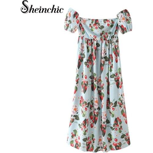 Runway Designers Dress Women 2021 Vintage Elegant Puff Sleeve Printed Midi-calf Female Dresses