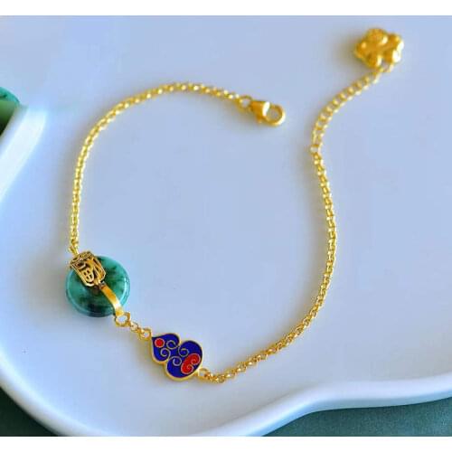 S925 Sterling Silver Jasper Bracelet Natural Hetian Jade Auspicious Gourd Safeness Ring Bracelet Palace Style Retro Ornament for