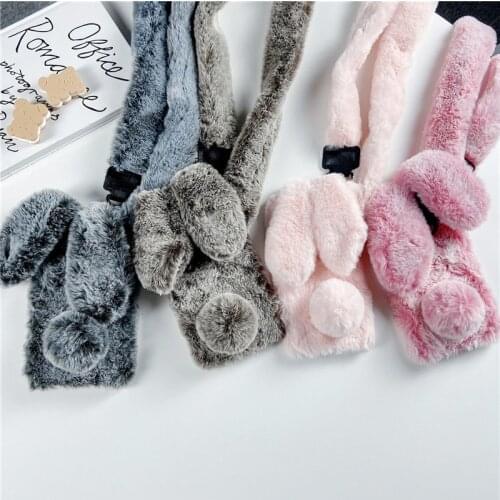 Cord Chain Necklace Lanyard Rabbit Ears Fur Plush Case For OPPO A3S A5S Realme 8 Pro 7 6 5 C25 C21 C15 C12 C11 C3 XT X2 X3 X7 GT