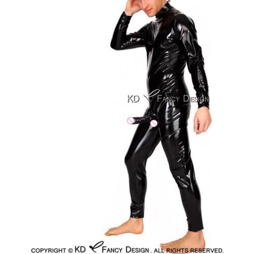 Black Sexy Latex Catsuit With Penis Sheath Back Zipper Long Sleeves Rubber Bodysuit Overall Zentai Body Suit LTY-0081