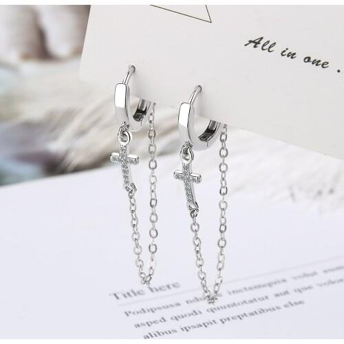 Zirconium cross tassel earrings hypoallergenic earrings 925 sterling silver earings for women