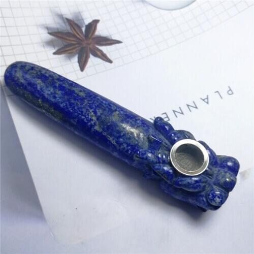 Hot natural stones Hand carved crystal wand pipe dragon head lapis lazuli quartz with filter for gemstone pipe as gift