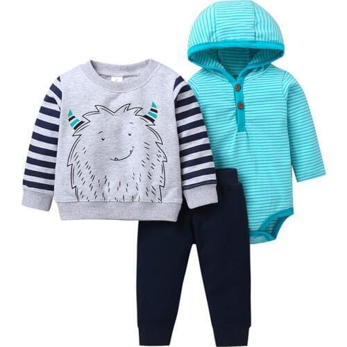 3 piece baby boy clothes set newborn boy animal modelcotton Long sleeve sweater+cotton rompers+pant gray Autumn winter outfit