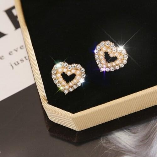 Korean Fashion Rhinestone Pearl Love Earrings Simple Sweet Temperament Earrings Fashion Wild Earrings Gift