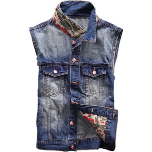 Sleeveless Jackets Japanese Streetwear Hip Hop Denim Vest Men Newly Fashion Designer Men Vest Retro Blue Indian Embroidery