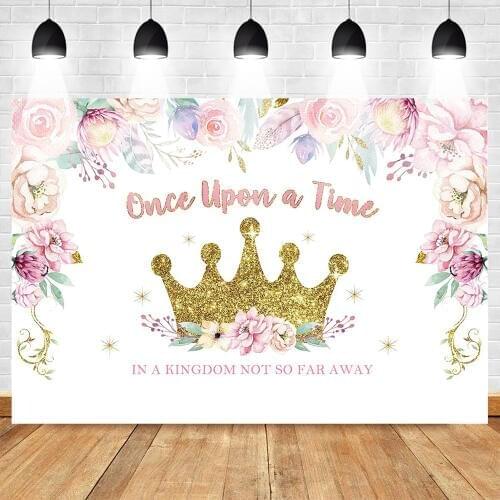 Mehofoto Golden Shiny Crown Birthday Backdrop for Photography Fairy Tales Kingdom Colorful Flowers Background Prince Princess