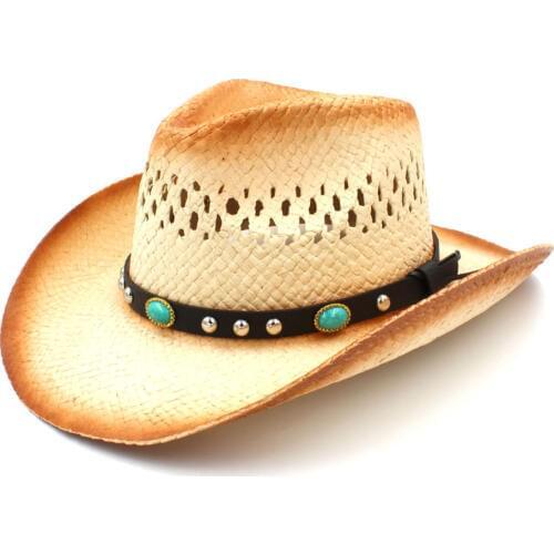 Fashion Men Western Cowboy Hat With Punk Leather Band Straw Dad Beach Sun Sombrero Cap Mesh Jazz Hat Size 58CM