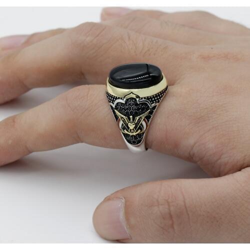 925 Sterling Silver for Men Ring with Oval Black Natural Onyx Stone Ring Peace Symbol for Male Thai Silver Turkish Jewelry