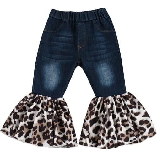 2-7Y Fashion Toddler Baby Girls Flare Pants Leopard Print Boot Cut Denim Long Trousers Fall Bottoms