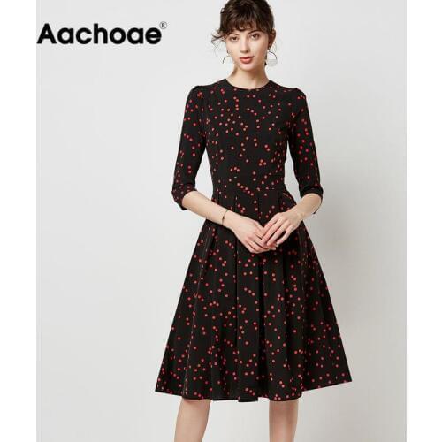 Aachoae Elegant A-line Pleated Dress Women Vintage Dot Print Office Midi Dresses Casual O Neck Three Quarter Sleeve Tunic Robe