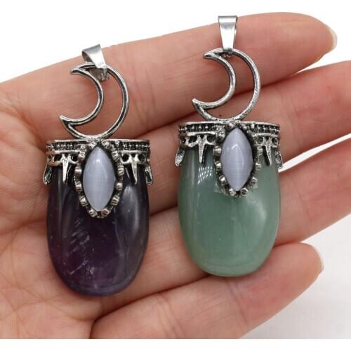 Natural stone Pendant Amethysts Metal Alloy Moon shape Exquisite charms For jewelry making DIY Necklace accessories 22x45mm