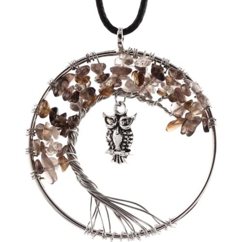 Trendy-beads Silver Plated Wire Wrap Tree of Life Inlay Owl Pendant Smoky Quartzs Necklace With Black Rope Chain Jewelry