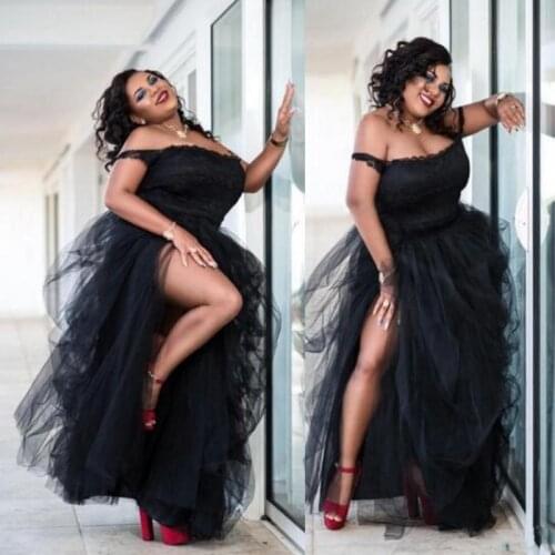 Sexy Black Plus Size Prom Dresses Side Split Tutu Tulle Off The Shoulder Cheap Party Dresses Women Formal Wear Evening Gowns