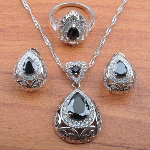 Silver Plated Jewelry Set Natural Australian Crystal Black Stone For Women Wedding Jewelry Earring Ring Pendant Sets JS212
