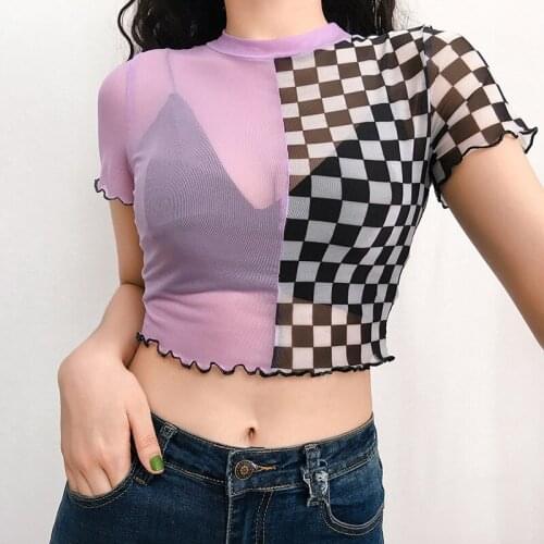Womens T-shirts Summer Splicing Perspective Checkerboard Sexy Show Your Navel Top Side Short Sleeve O-Neck Slim Tees Female