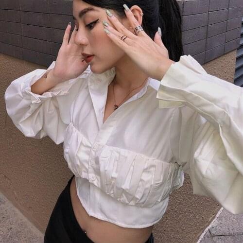Women White Shirts Turn Down Collar Petal Sleeve Single Breasted Pleated Cropped Tops Blouse camisas de mujer Office Lady shirts