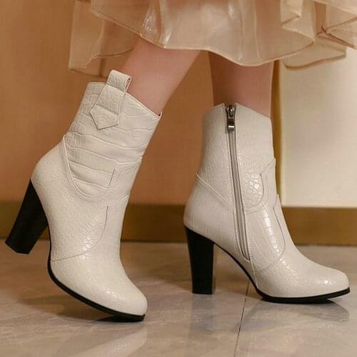 Black Brown Beige Women Ankle Boots Faux Leather Square High Heel Ladies Short Boots Round Toe Slip on Womens Boots Big Size 43