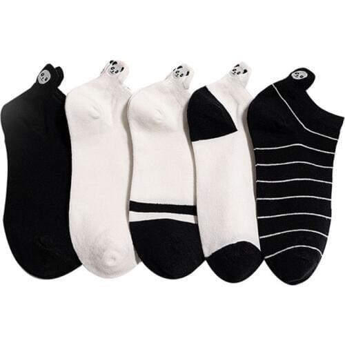 Female Cute Panda Embroidery Cotton Boat Socks Black White Stripes Short Hosiery