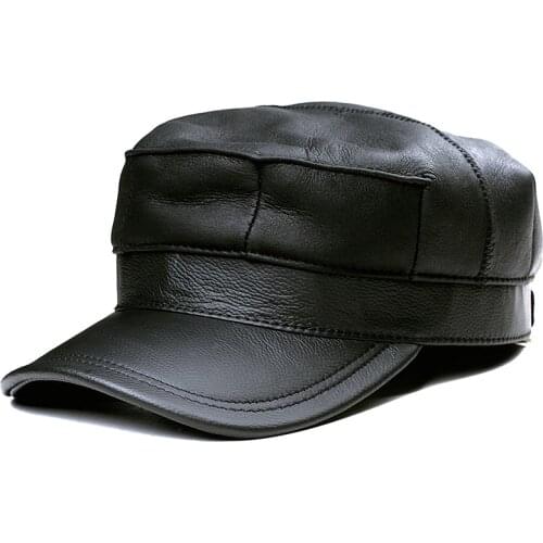 Real Leather Baseball Cap Mens Hat Winter Warm Russian Old Man Fur One Wool Octagonal Military Cap Earmuff Hat