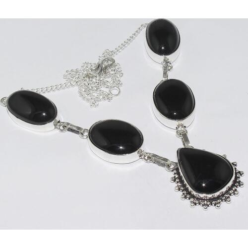 Black Onxy Necklace Silver Overlay over Copper ,50.3cm, N1206
