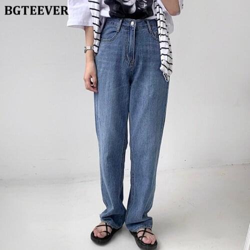 BGTEEVER Vintage High Waist Single Button Ladies Wide Leg Jeans Floor-Length Trousers 2021 Summer Autumn Loose Female Denim Pant