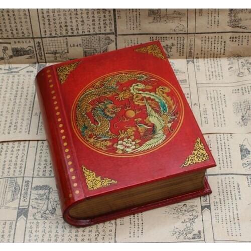Chinese leather Wood carved Dragon Phoenix Book Box Free shipping