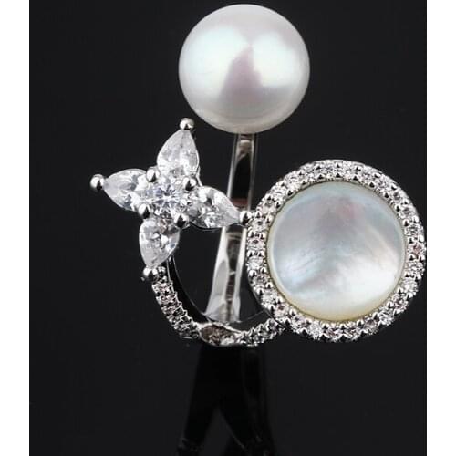 AAA Quality Fashion Adjustable Free Ring Silver Tone Pave Premium Pearl Shell And CZ Star Rings Wedding Luxury Jewelry for Women
