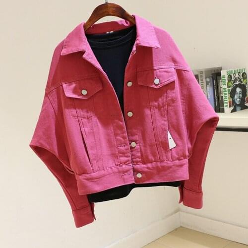 Short Streetwear Denim Jacket Women Spring Autumn Plus Size Loose Bat Sleeve Jeans Basic Coat Female Outerwear Rose Red Clothes