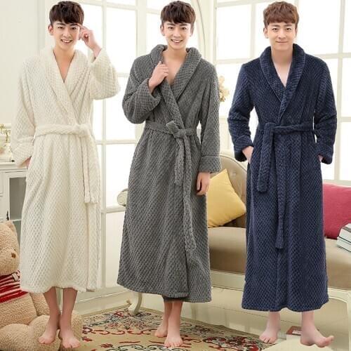 Men Winter Extra Long Thick Waffle Flannel Warm Bath Robe Plus Size Male Zipper Bathrobe Mens Sleepwear for Women Dressing Gown